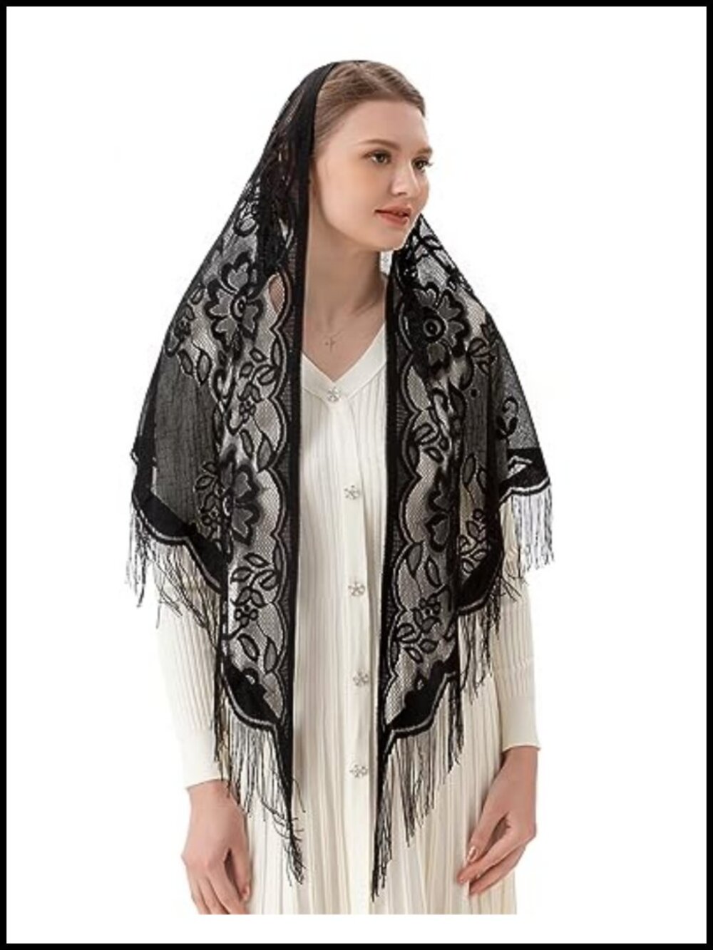 Floral Lace Triangle Chapel Veil Mantilla with Fringe Trim Shawl Wrap
